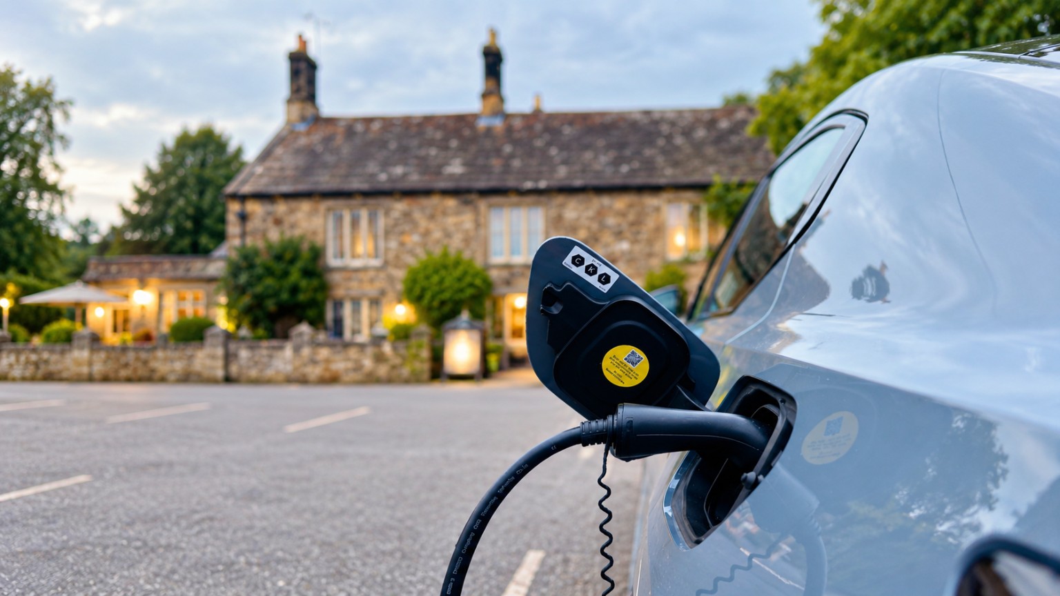 Electric car charging outside a welcoming restaurant